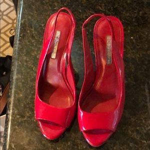 BCBG red paten leather sling back heels